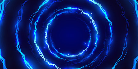 Abstract futuristic portal with glowing blue light rings creating an energetic tunnel effect.のイラスト素材