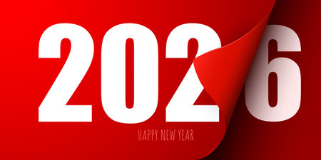 Happy New Year 2026 greeting card design template. Calendar page turns over.のイラスト素材