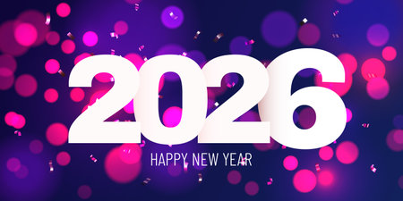 Happy New 2026 Year. Holiday festive poster or banner design with bokeh.