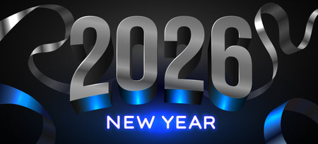 Elegant 2026 New Year design with metallic numbers and glowing blue accents.のイラスト素材