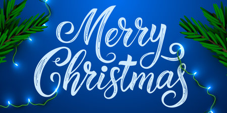 Merry Christmas lettering with fir branches and lights. Festive holiday design on a blue backgroundのイラスト素材