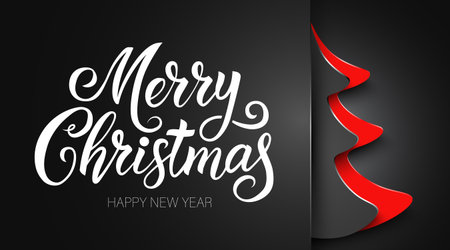 Elegant Merry Christmas and Happy New Year calligraphy with a modern Christmas tree design on a dark background.のイラスト素材