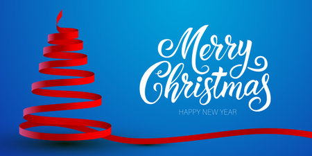 Merry Christmas and Happy New Year greeting with a creative red ribbon tree design.のイラスト素材