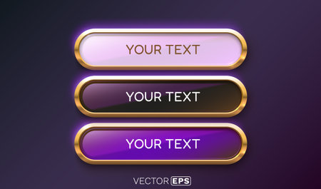 Set of three realistic glowing buttons with golden frames. Perfect for modern web elements or banners.のイラスト素材