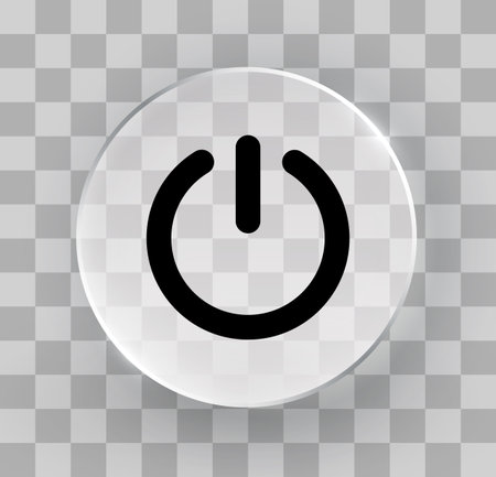 Modern glass power button icon with a sleek, glossy effect on a transparent background. A universal symbol for onoff functions.のイラスト素材