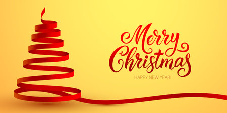 Merry Christmas and Happy New Year greeting with a creative red ribbon tree design.のイラスト素材