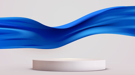 Product podium with a flowing blue wave background, ideal for presentations or advertisementsのイラスト素材