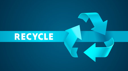 Vibrant 3D recycle symbol and RECYCLE text on a blue background, representing eco-friendly concepts.のイラスト素材