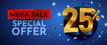 Mega Sale Special Offer with 25 percents discount on blue. Golden numbers and confetti.