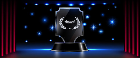 Glass award trophy on stage with red curtains and spotlights.のイラスト素材