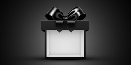 Bright black open gift box with a luxurious bow, perfect for holidays and special occasions. This elegant presentation is ideal for promotions and festive designs.のイラスト素材