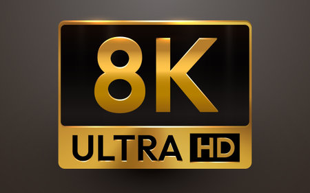 Golden 8K Ultra HD technology icon, representing high resolution and superior quality.のイラスト素材