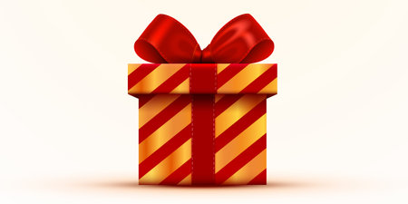 Elegant red and gold gift box with a shiny bow.のイラスト素材