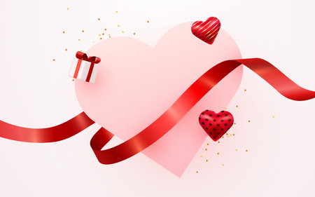 Sweet Valentines Day background with heart, ribbon, and gift.のイラスト素材