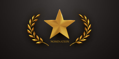 Golden star award with laurel wreath and nomination text.のイラスト素材