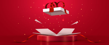 Stylish open gift box on a red podium with floating lid and bokeh lights.のイラスト素材