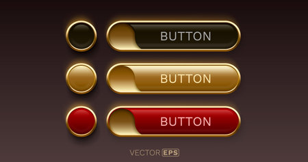 Glossy UI buttons with golden frame and subtle glow. Premium web elements in dark, gold, and red.のイラスト素材
