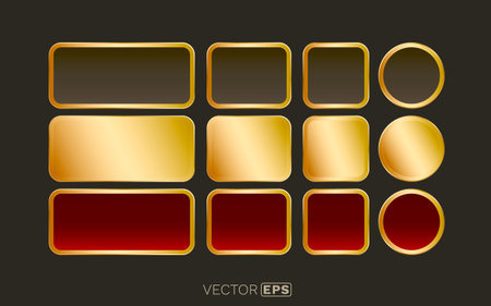 Premium set of golden and red metallic web buttons and frames in various shapes, perfect for UI design.のイラスト素材