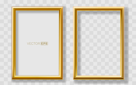 Realistic Golden Frames with Shadow on Transparent Background. Elegant Blank Mockup.のイラスト素材
