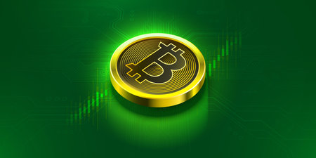 Bitcoin Coin on Green Circuit Background.のイラスト素材