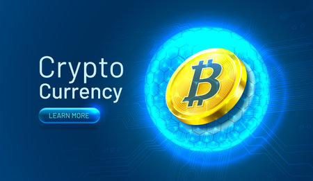 Golden Bitcoin coin with Crypto Currency text and Learn More button. Digital currency concept on a...