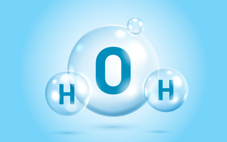 Water molecule H2O in transparent bubble structure on blue background.のイラスト素材