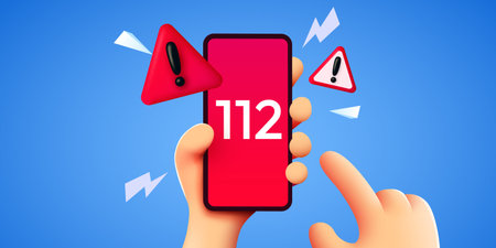 Call for help Cartoon hand holding a smartphone with emergency number 112 and warning signs.