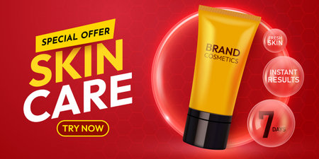 Skincare special offer banner with cosmetic tube and glowing results.のイラスト素材