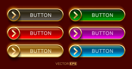 Set of glossy web buttons with golden frames in various colors.