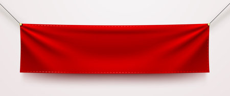 Realistic blank red banner template, hanging on a rope against a white wall. Perfect for promotions...