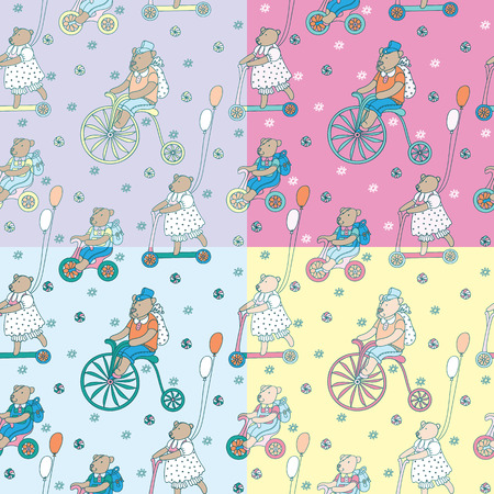 Set of different color variants seamless  vector pattern on the theme of teddy bears - cyclists.のイラスト素材