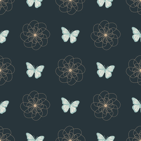 A pattern of butterflies and flowers is displayed on a dark blue background. The butterflies are positioned in various sizes and orientations,while the flowers are scattered throuの写真素材