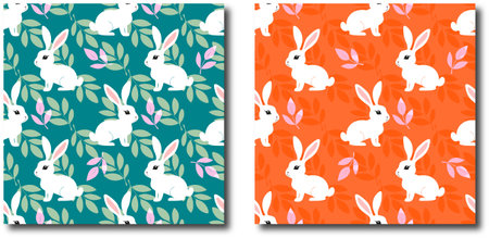 Two different colored rabbit patterns. One is blue and the other is orange. The blue one has a more natural look with leaves and the orange one has a more cartoonish lookのイラスト素材