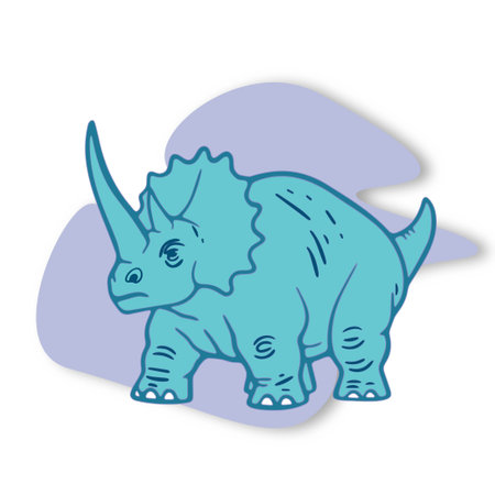 A blue dinosaur with a long horn on its head. The dinosaur is looking at the camera. The image has a light blue and purple color schemeのイラスト素材
