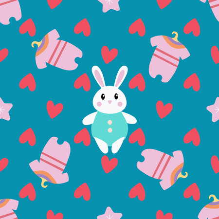 A blue and pink patterned background with a rabbit and a baby outfitのイラスト素材