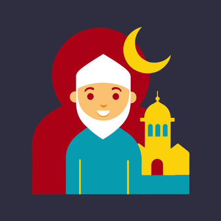A smiling man with a beard and a turban stands in front of a building with a yellow domeのイラスト素材