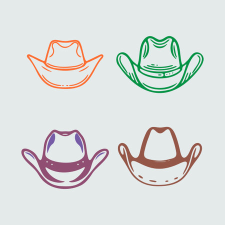 Four different colored cowboy hats. The hats are orange, purple, green, and brownのイラスト素材