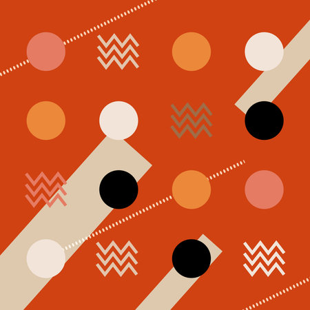 A colorful pattern of circles and squares with a wavy line in the middle. The pattern is orange and...