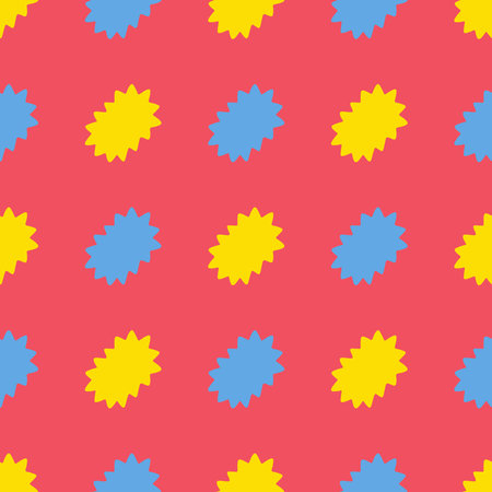 A red background with yellow and blue dots. The dots are in the shape of stars. The pattern is colorful and playfulのイラスト素材
