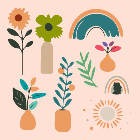 A collection of colorful flowers and plants, including a vase, a sun, and a rainbowのイラスト素材