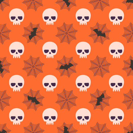 A Halloween themed pattern of skulls and spider webs. The skulls are drawn in a cartoon style and are scattered throughout the patternのイラスト素材