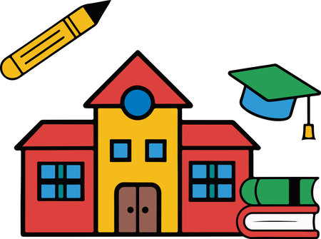 A cartoon drawing of a school building with a pencil, book, and graduation cap. Scene is educational and celebratoryのイラスト素材