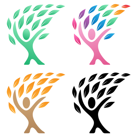 Person life tree logo vector illustration group in green, rainbow, autumn and black color variationsのイラスト素材