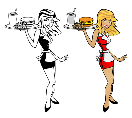 Cute waitress woman holding food tray with burger, fries and drink cartoon vector illustrationのイラスト素材