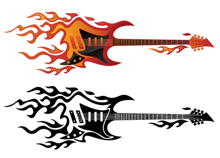 Electric guitar on fire in full color and black flames vector illustrationのイラスト素材