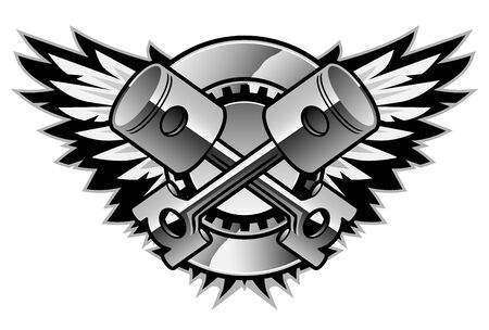 Chrome Crossed Pistons and Wings Logo Isolated Vector Illustrationのイラスト素材