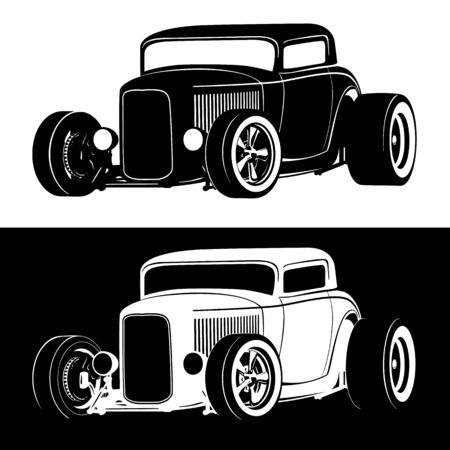 Classic American Hot Rod car isolated vector illustration in both black on white and white on black versionsのイラスト素材