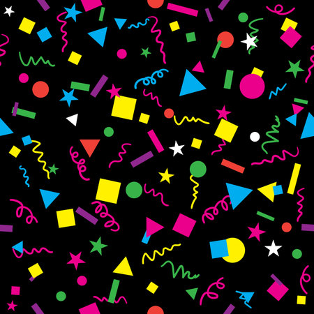 Fun Confetti Design with Bright Bold Colors on Black Background Seamless Repeating Pattern Vectorのイラスト素材