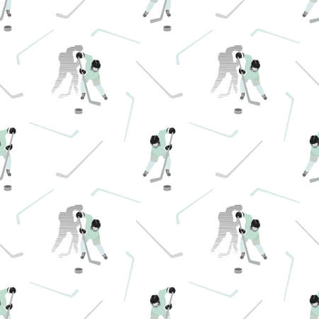 Sport pattern with hockey players. Dynamic movement of attack, fight for the puck. Seamless vector illustration. white background. Use for printing on paper, fabric, prints, packagのイラスト素材