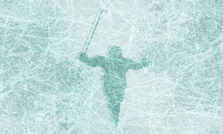 Background with hockey player with stick on blue ice texture. Grunge scratches, shadows. winner. Sports illustration.の写真素材